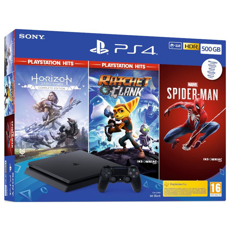 PS4 CONSOLA SLIM 500 GB + MARVEL SPIDER-MAN + HORIZON ZERO DAWN:COMPLETE + RATCHET & CLANK