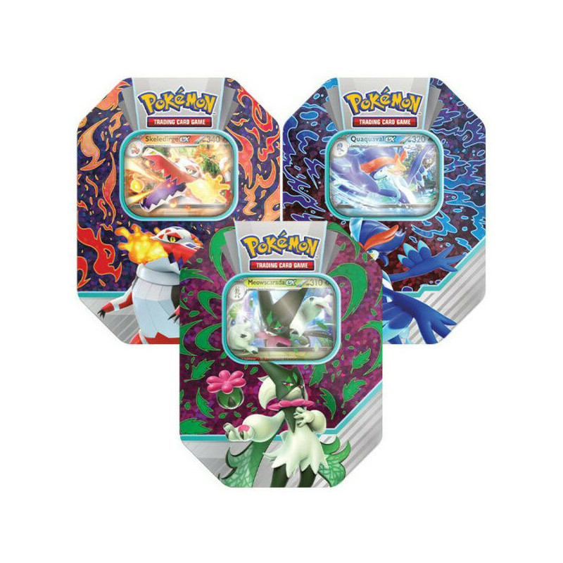 SOBRE CARTAS POKEMON LATA MEOWSCARDA EX / SKELEDIRGE EX / QUAQUAVAL EX