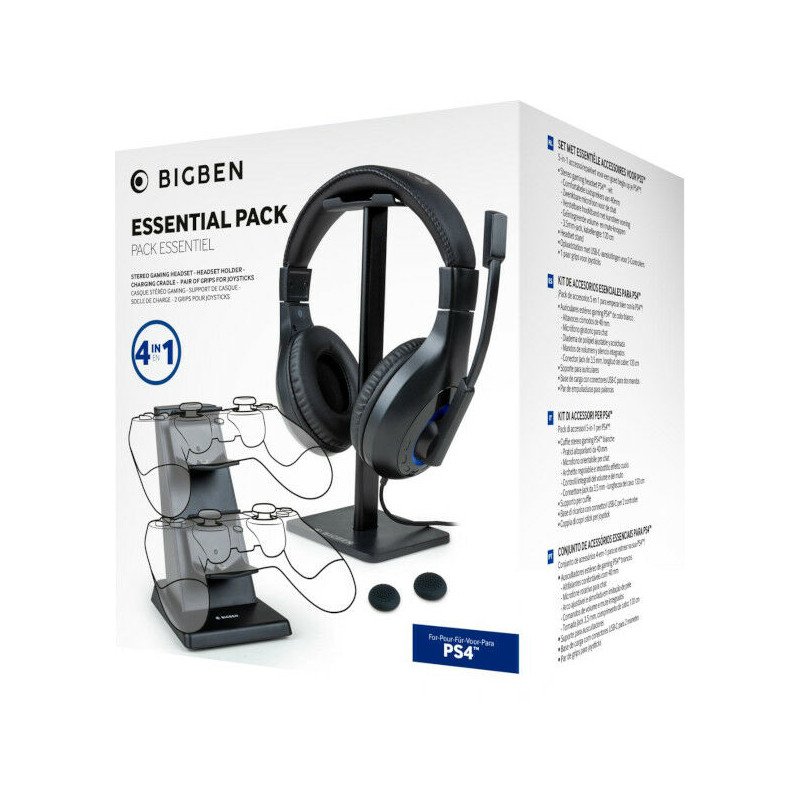 PS4 ESSENTIAL PACK 4 IN 1 BLACK (AURICULARES/SOPORTE HEADSET/BASE DE CARGA PARA 2 MANDOS/2 GRIPS) BIGBEN